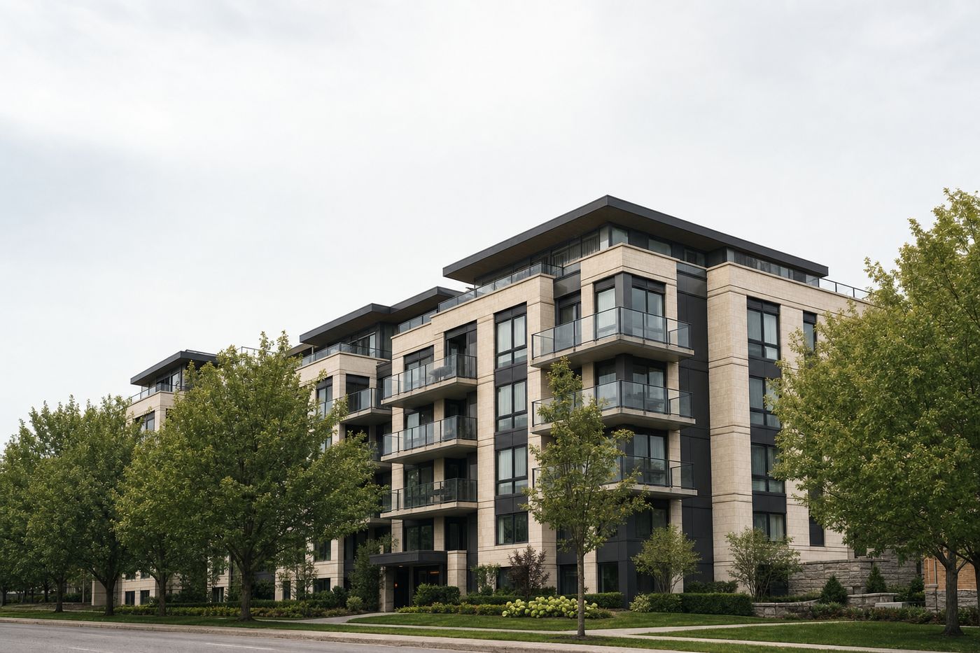 A well kept mid-rise residential apartment building on a Canadian street in daylight.