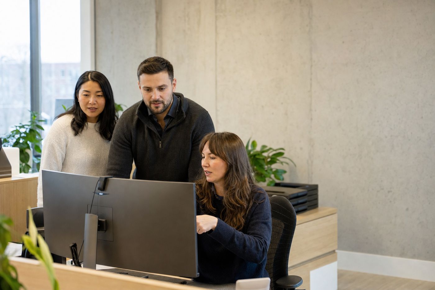Three colleagues in a property management office reviewing work together at a monitor.