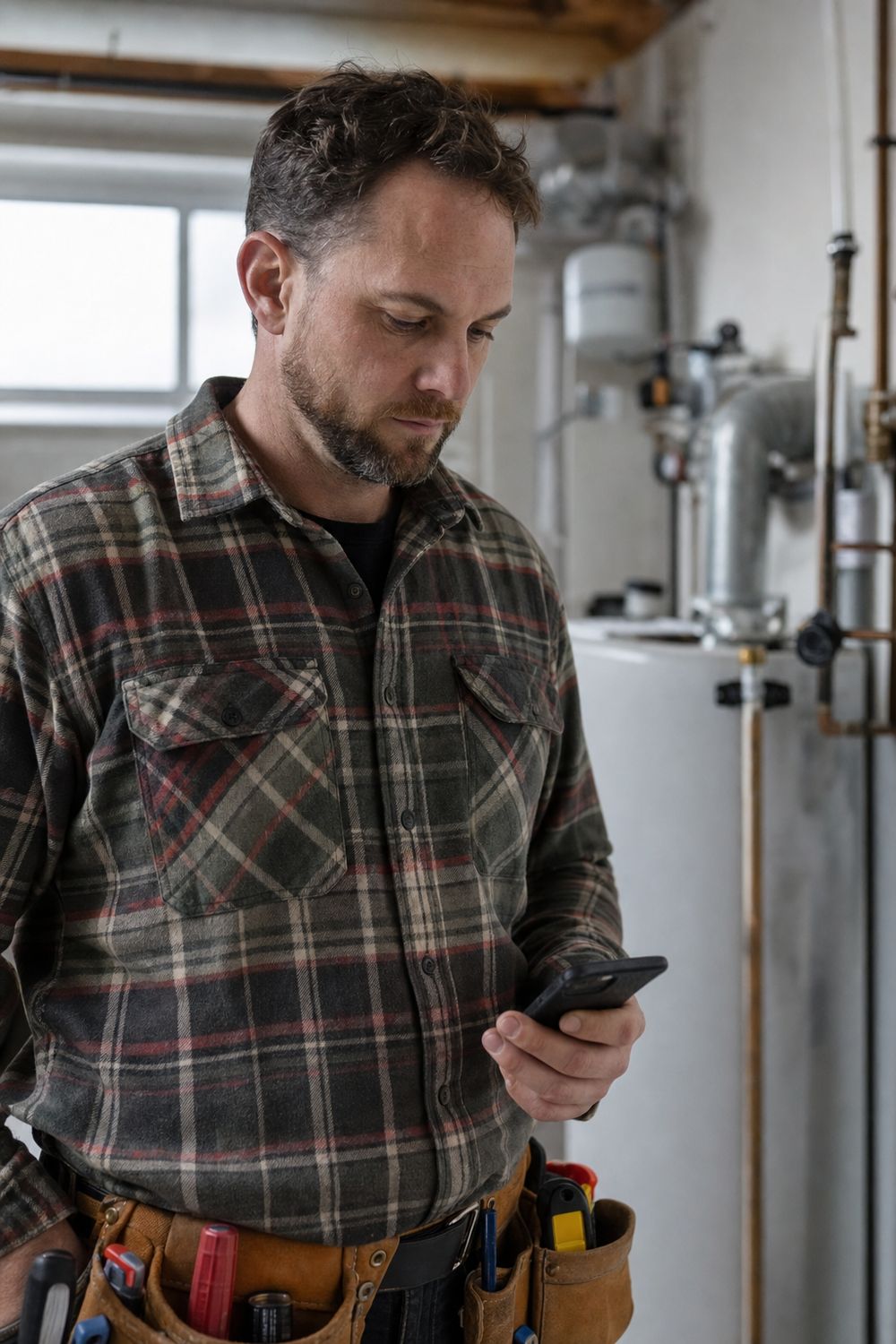 A tradesperson in a building utility room checking a job on a phone.
